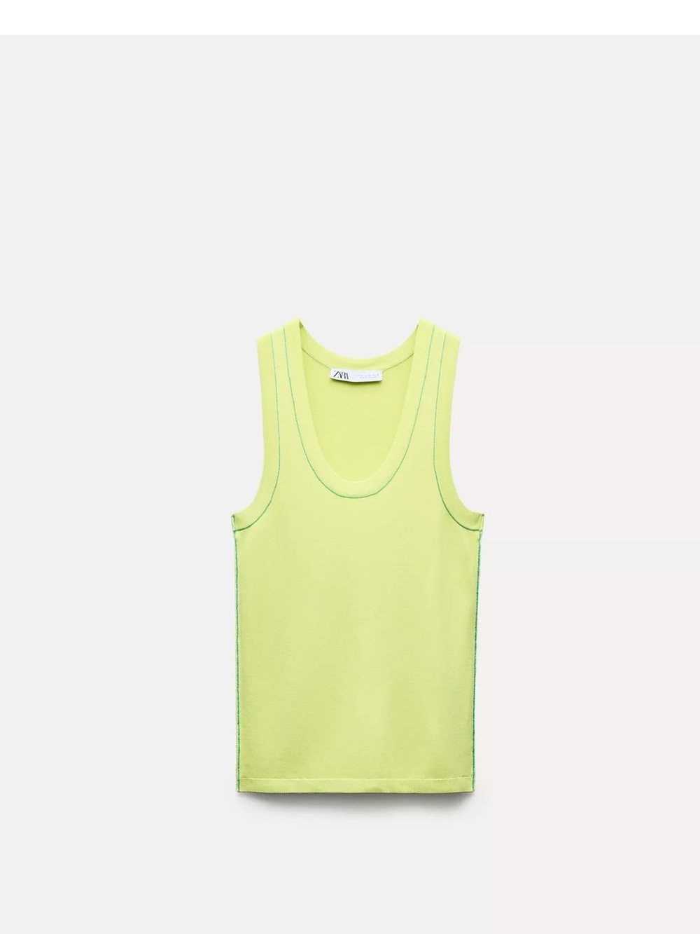 ZARA Basic Knit Top with Contrasting Piping – Lime Green – Size M